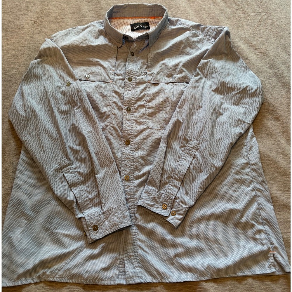 Orvis Mens Blue Micro Check Long Sleeve Ventilated Fishing Shirt Size Large